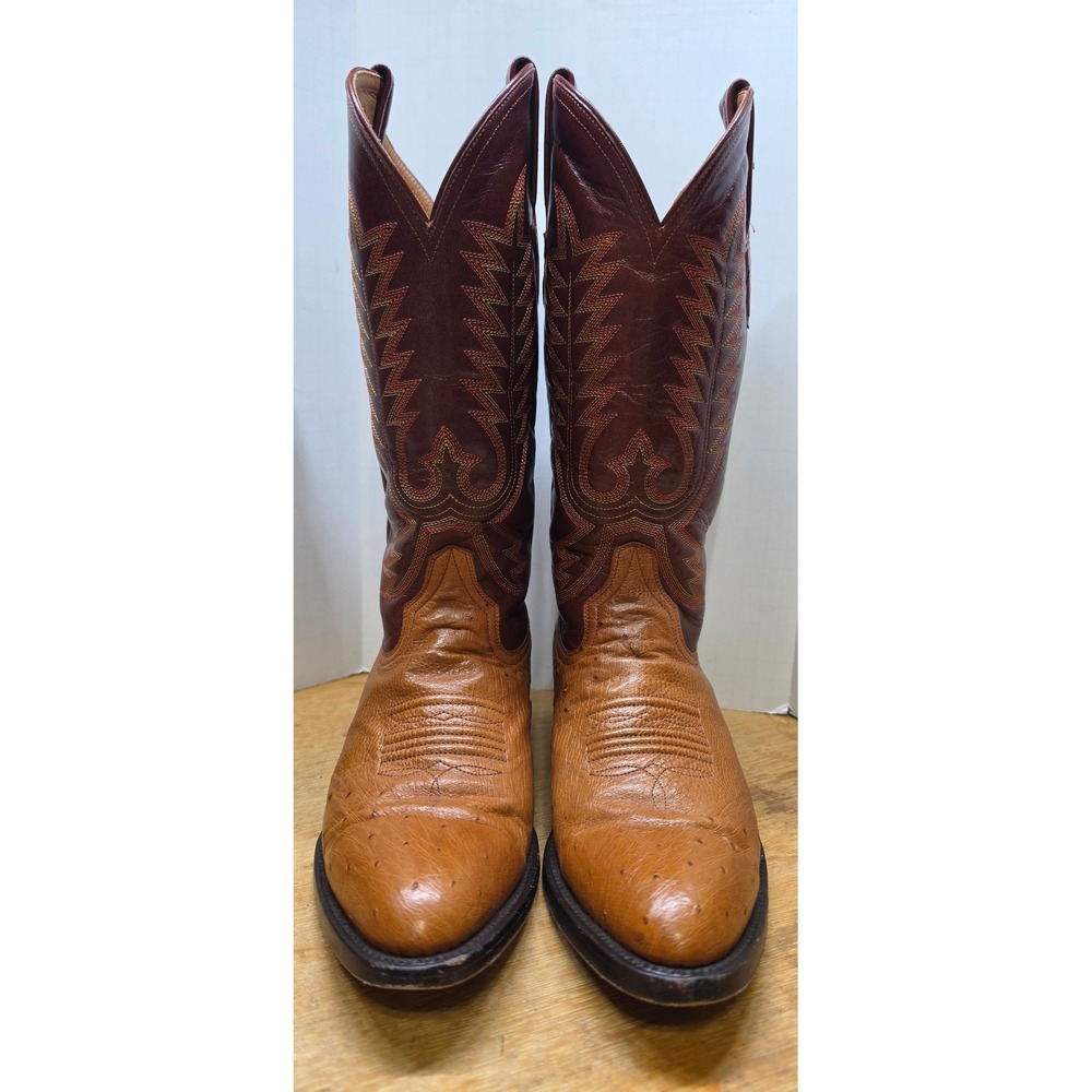 Trinity River Ferrini Mens Ostrich Skin Western Cowboy Boots Tan Brown 8 D